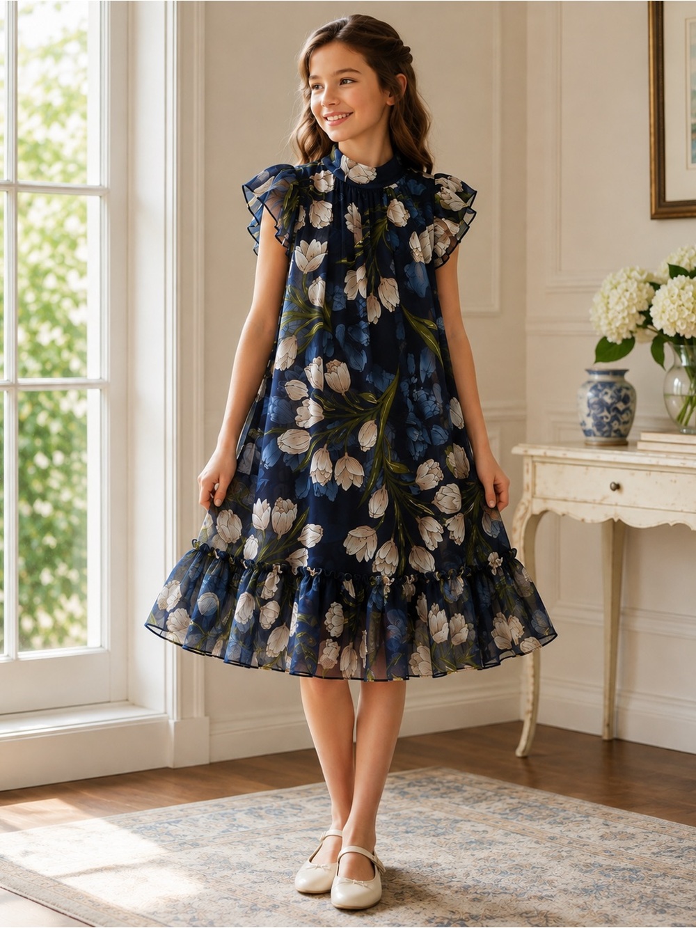 Helena Navy Tulip Chiffon Flutter Sleeve Bow Neck Swing Dress, 12, MSRP $195